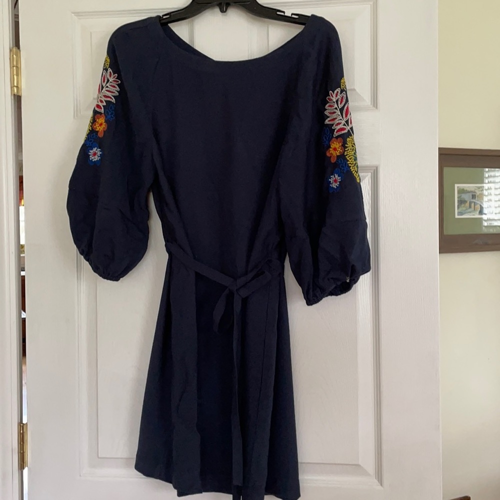 NWT. Navy tie waist dress with embroidered balloon sleeves. SUPER cute.